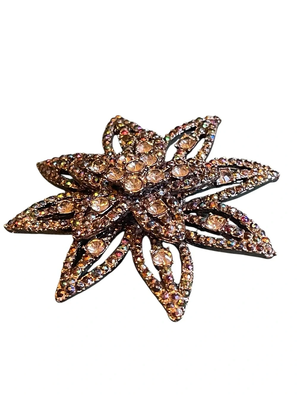 Vintage Multi-Tiered Gunmetal Oil Slick Rhinestone Flower Brooch